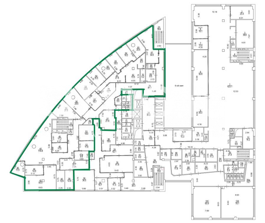 Планировка офиса 878.2 м², 6 этаж, Бизнес-центр «Дельта Плаза»